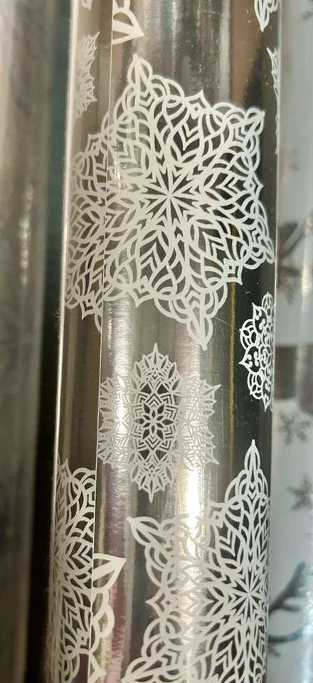Christmas Gift Wrap Paper Roll Snowflake Reindeer White Silver Lot of 3 New - Image 3 of 4