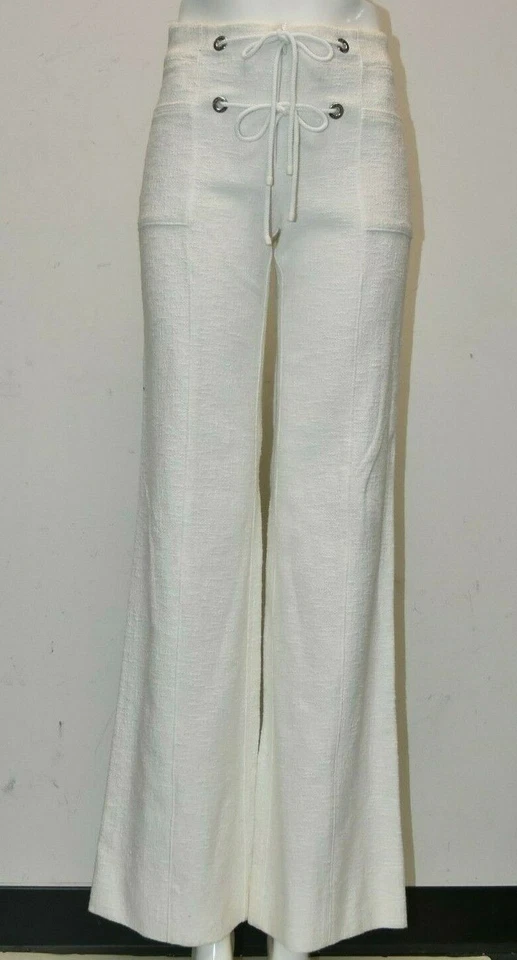 $1920 NUEVO Chanel Pantalones con Cordones Pantalones Blanco Tweed Algodón Bolsillos Acampanados 34
