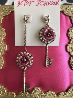 Betsey Johnson Luminous Pink Crystal Glitter Rose Gold Key Mismatch Earrings 