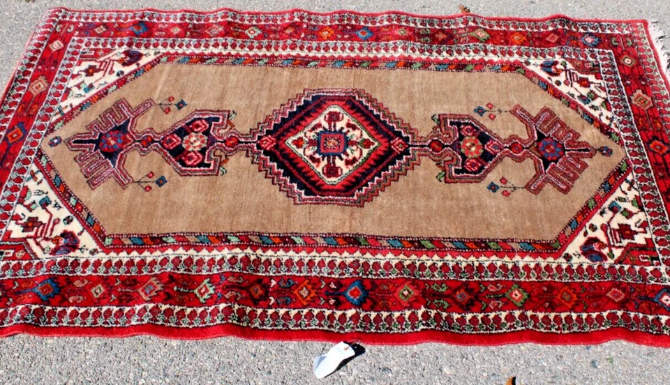 Alfombra de lana oriental vintage anudada a mano de 4 × 6 pies - diseño geométrico rojo rico Foto 2 de 4