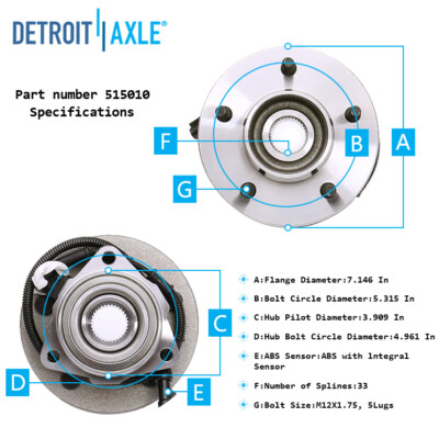 Front Wheel Hub Bearing Assembly For 1997-2000 Ford F150 4WD With ABS | ECCPP 515010 Replacement, 5x135mm, 12x1.75 Studs