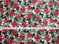 1 yd Cotton White Hint of Green Red Plaid Bows  Green Foliage, David Textiles