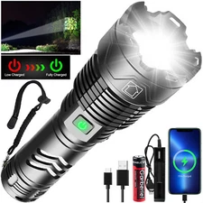 Zoom LED Flashlight Rechargeable Tactical Super Bright XHP160 Torch Waterproof