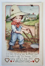 VTG 1915 WHITNEY VALENTINE PC BUSY AS A BEE BOY FARMER PUSHES HAND PLOW