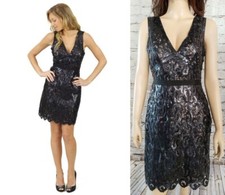NWT 548 BCBG MaxAzria  Gabrielle  Black Nude Sequin Lace Cocktail Evening Dress