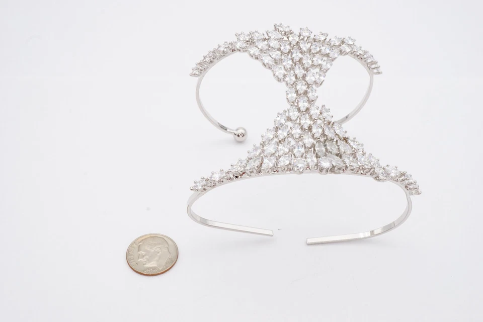 Crystal Cuff Bracelet 7.5" Silver Tone Hand Wrist Adjustable - Image 2 of 4