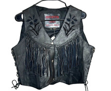 North Western Leather Vest Womens M Black Cowgirl Fringe Vintage Inlay Rodeo