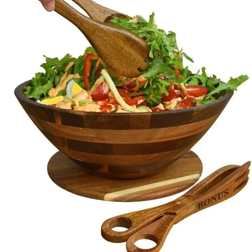 Large Wooden Salad Bowl Set – Premium Acacia Wood Serving Bowl Set with Utens...