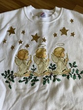 Vintage Jerzees Handmade Christmas Sweatshirt Sz XL Angels Puff Paint Glitter