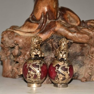Red Treasure Inlaid Pure Copper Silver Plated Lion Ball Gauge
