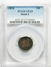 1834 Capped Bust Dime, Small 4 PCGS VF-25