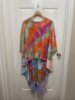 Why Dress Shirt Womens XL Tie Dye Fishtail High Low Tiered Festival Fairy Artsy