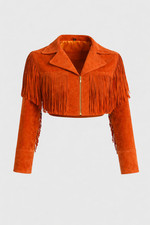 Women’s Orange Fringe Suede Leather Jacket Cropped Western Cowgirl Style Jacket