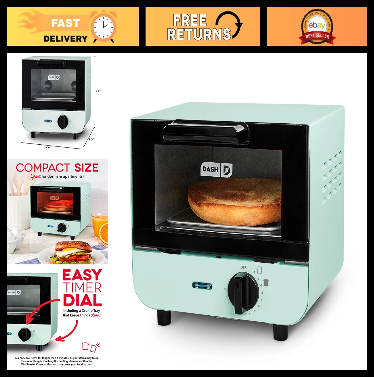 Compact Mini Toaster Oven for Bread, Bagels, Cookies, Pizza & Paninis - Aqua