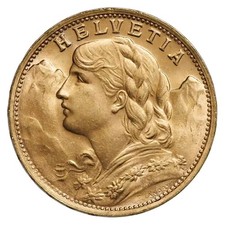 Swiss Gold 20 Francs Helvetia Coin Avg Circ - Random Year