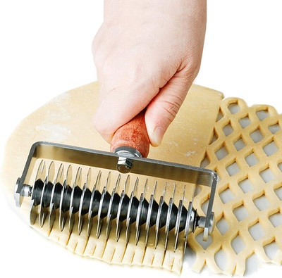 Stainless Steel Lattice Dough Cutter with Wood Handle, Pie & Pizza Pastry Roller