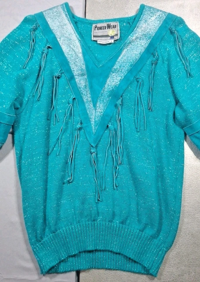 Suéter De Colección Años 80 Pioneer Wear Cuello en V Cuero Turquesa Flecos Para Mujer Talla Grande Foto 2 de 4