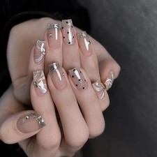 48Pcs-Black Polka Dot Silver Foil Marble Ribbon Medium Square Press on Nails