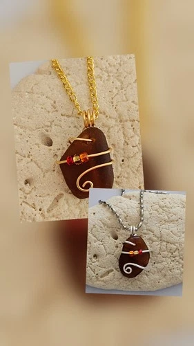 Hello Fall! Handmade Authentic Lake Erie Beach BROWN Glass  Pendant Necklace 