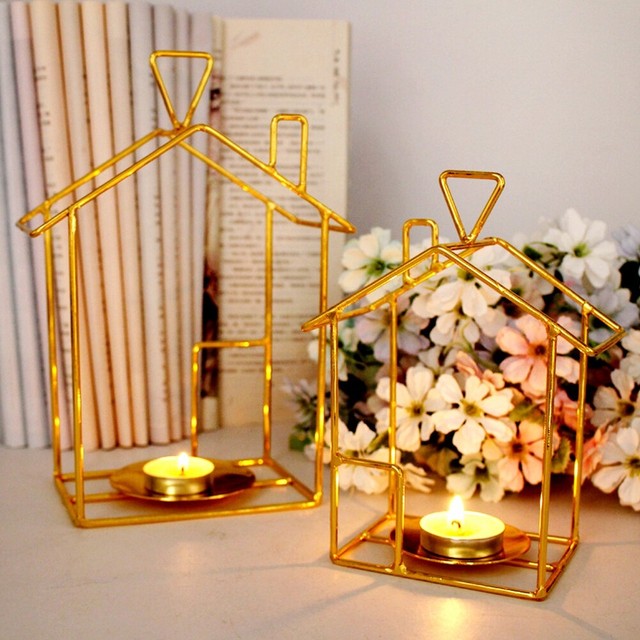 2pcs Xmas Metal House Shape Candle Holder Wedding Lantern Table