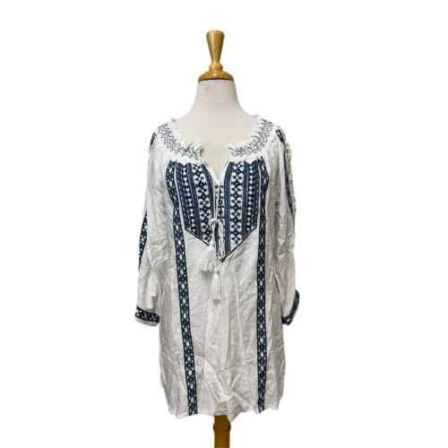 NWT Zashi White Peasant Blouse with Blue Embroidery Size M MSRP $64 - Afbeelding 1 van 15