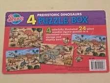 Shure Prehistoric Dinosaurs Wooden Puzzle Box 4 puzzles 24 Large Pcs Each 9x14 