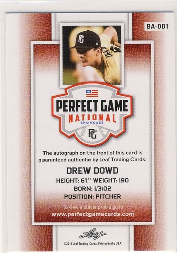 DREW DOWD 2019 Leaf Perfect Game PG National Showcase Blue AUTO /15 RAYS - Afbeelding 2 van 2