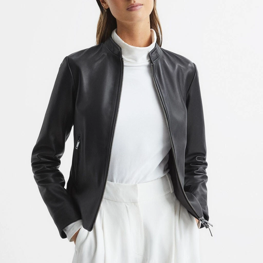 Ladies black top collarless leather jacket
