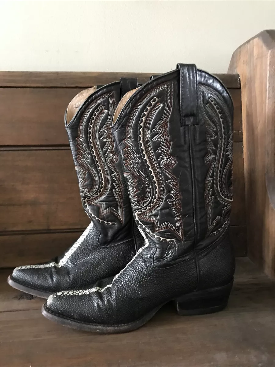 Vintage Linea De Ora Cowboy Boots Black Leather White Stitching Accents Men 6.5B