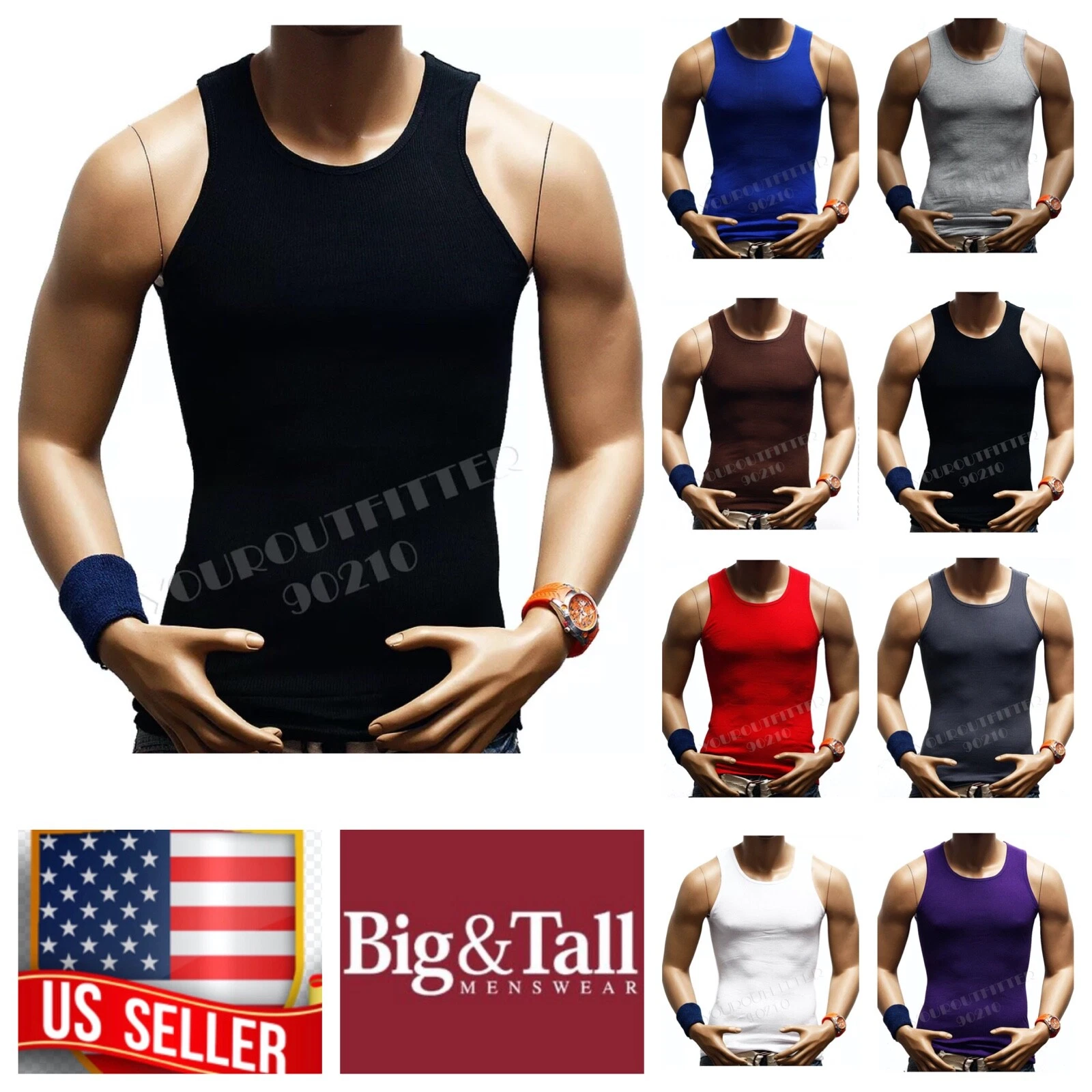 Men S-5XL 100% Cotton Tank Top T-Shirt A-Shirt Muscle Ribbed Wife Beater Tee Gym - product detail image 8