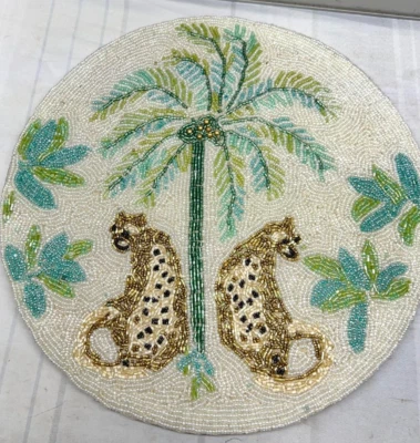 Beaded Placemat 2 Tigers Tiger Palm Trees Green White Charger New 15" India