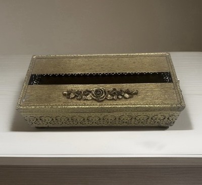 Vintage Filigree 3D Rose Tissue Box Cover Gold Metal Hinged