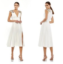 Ieena Mac Duggal Dress Womens 2 White Embellished Midi Floral Beaded Cap Sleeve