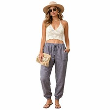 CASLON Linen Blend Jogger Drawstring Pant Sz L Gray Lagenlook Coastal Vacation
