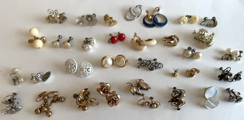 Assorted Clip On/Screw Earring 34 Pr Lot Vintage Costume Jewelry