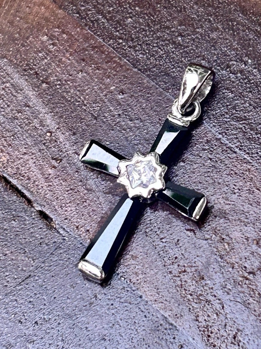 Vintage Sterling Silver Cross Pendant Religious Jewelry Rhinestone Center