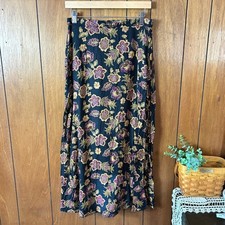 Vintage Sag Harbor Floral Maxi Skirt Black Purple Gold Rayon Size 10 Boho Indie