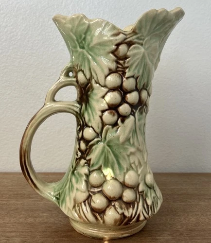 McCoy Grapes and Leaves Majolica Style Ewer/Pitcher-Green MCM 9 inch Devorative