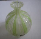 Vintage Latticino/Zanfirico Murano Green & Pink Glass 3.75" Bud Vase w/ Label