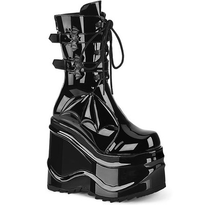 Pleaser Demonia 6'' Wedge Pf Mid-Calf Lace-Up Boot Back Metal Zip Wave 150