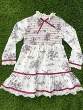 Vintage Childrens 80s Prairie Dress Girls Size 6 Ivory Floral Dress Smocked Gown
