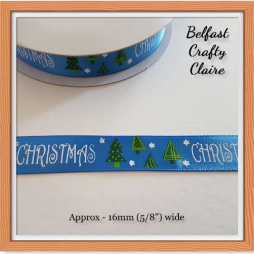 Christmas - Blue - Satin Ribbon - 16mm 5/8" wide -  Bows Cake Card Presents - Picture 1 of 1