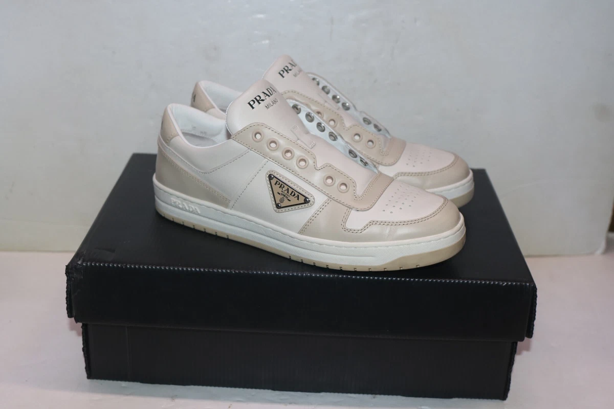 PRADA White Beige Downtown Perforated Leather Sneakers Women s