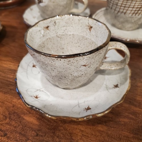 Studio Ceramic Pottery Art Tea Cups & Saucers Floral Brown Tan White Set Of 4 - Picture 3 of 12