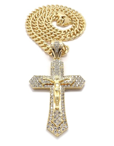 Gold Plated Cubic Zirconia Large Jesus Cross Charm Franco Cuban Chain Necklace - Picture 3 of 165