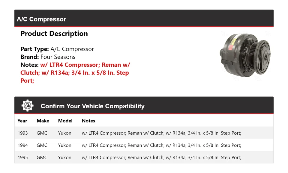 Compresor de aire acondicionado para GMC Yukon 1993-1995 4 estaciones 1994 Foto 2 de 4