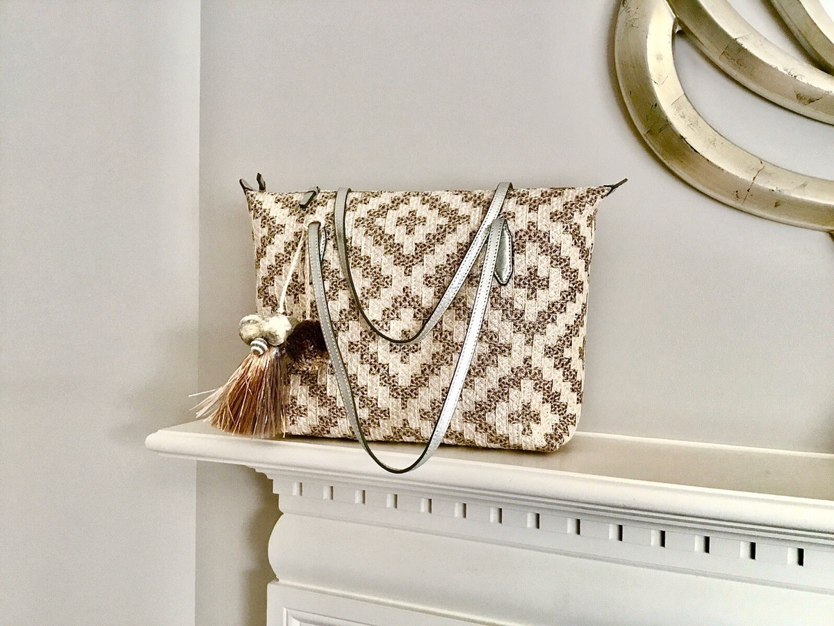 Eric Javits woven tote bag in Southwestern design with leather