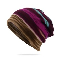 Unisex Multicolored Knit Beanie Purple/Tan Any Season Light Weight CLOSEOUT 