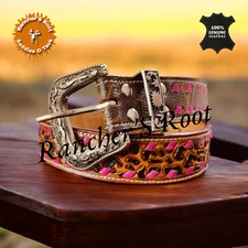 Women Leather Western Belt Leopard Tooling With Brown Print Leather