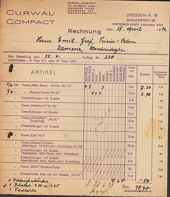DRESDEN-A. 16, Invoice 1932, Hand Shaped Powder CURWAL COMPACT